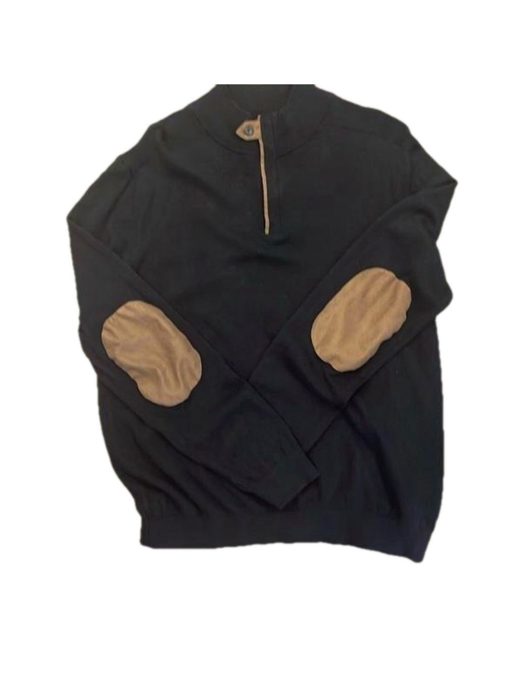 BRICE XL Brown Quarter Zip Cotton Cashmere Suede Trim Sweater